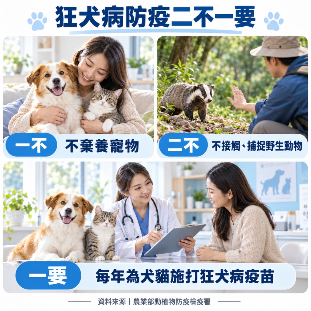 農業部動植物防疫檢疫署長期推動狂犬病防疫「二不一要」:不接觸野生動物、不棄養家中寵物、每年帶家中犬貓施打狂犬病疫苗
